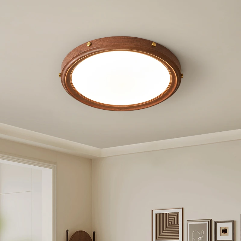 视冠2024新款复古胡桃色圆形吸顶灯原木风卧室灯全光谱护眼led灯