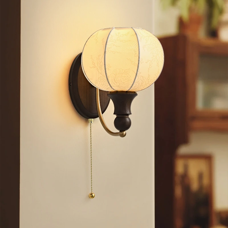 法式复古壁灯中古布艺南洋风印花卧室床头灯实木高级氛围感走廊灯