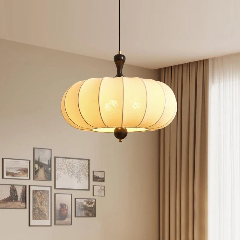 法式中古风卧室床头吊灯升降胡桃木纹走廊过道玄关复古南瓜小吊灯