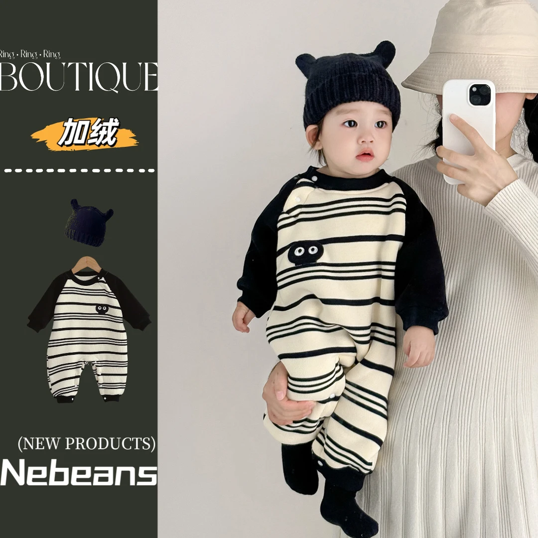 24秋冬新款婴儿加绒连身衣外出服 潮款色织条纹小煤球哈衣爬爬服