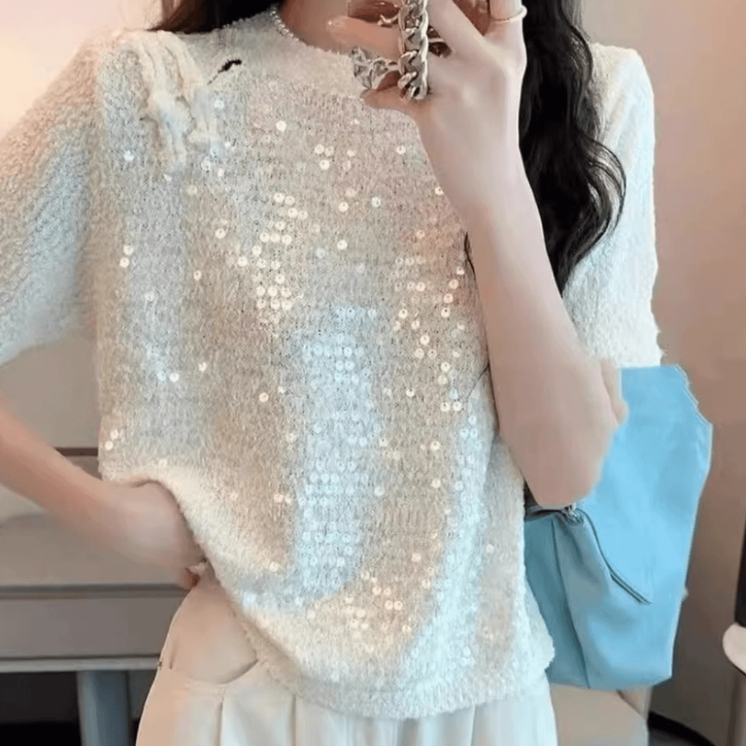 2024款新中式盘扣亮片短袖毛衣女宽松显瘦高级感时尚气质短款上衣