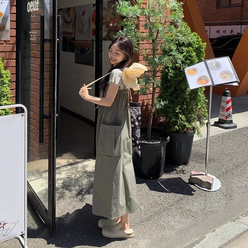 一三良品小个子 休闲日系工装风背带裙长裙连衣裙T4582