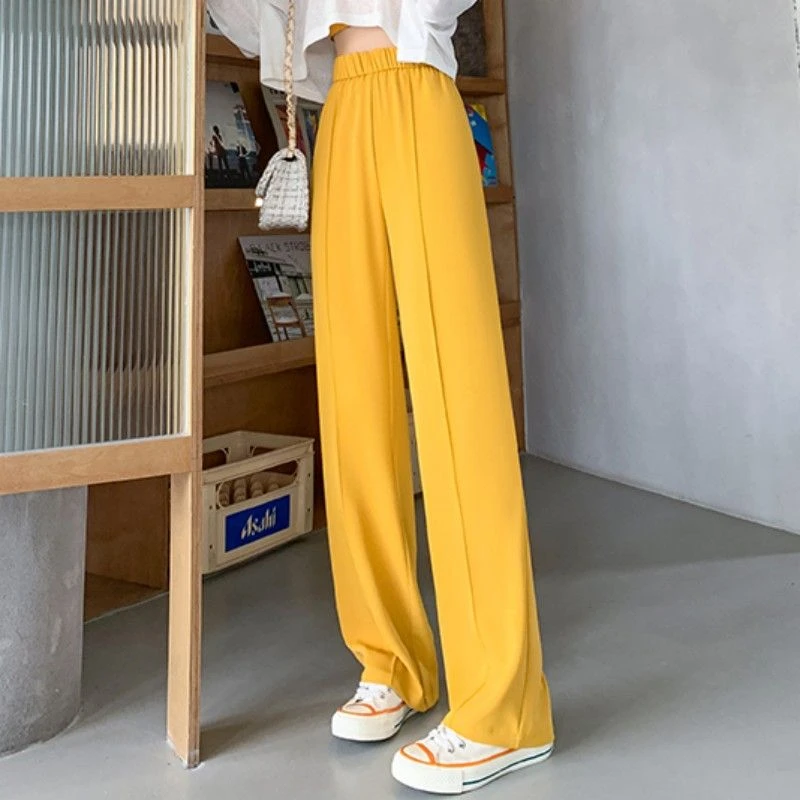 时尚简约高腰纯色瘦版休闲阔腿裤2024年夏季新款显瘦百搭薄款长裤