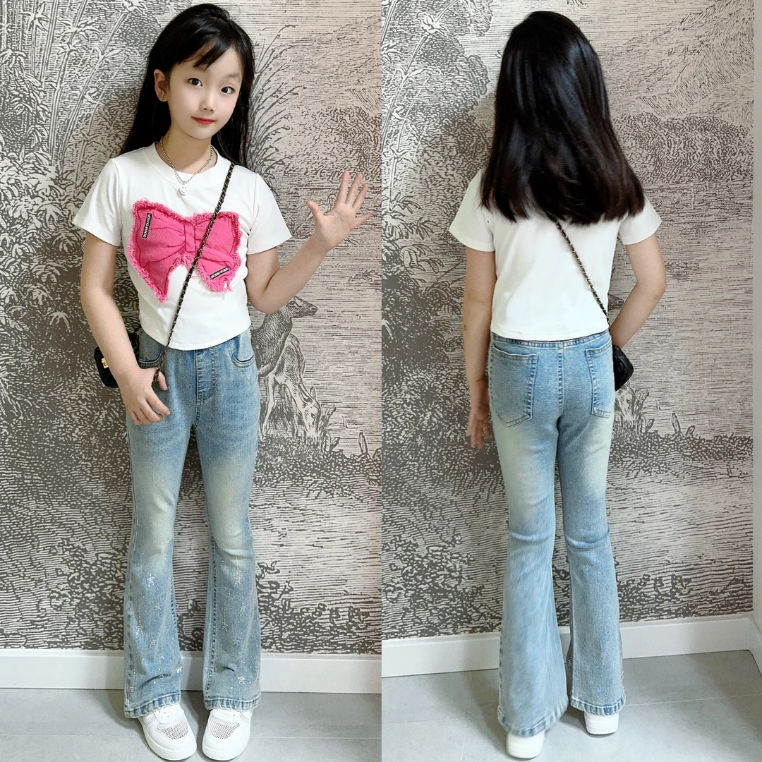 贴布绣蝴蝶结短袖T恤女童设计感夏日穿搭短款甜美烫钻牛仔裤套装