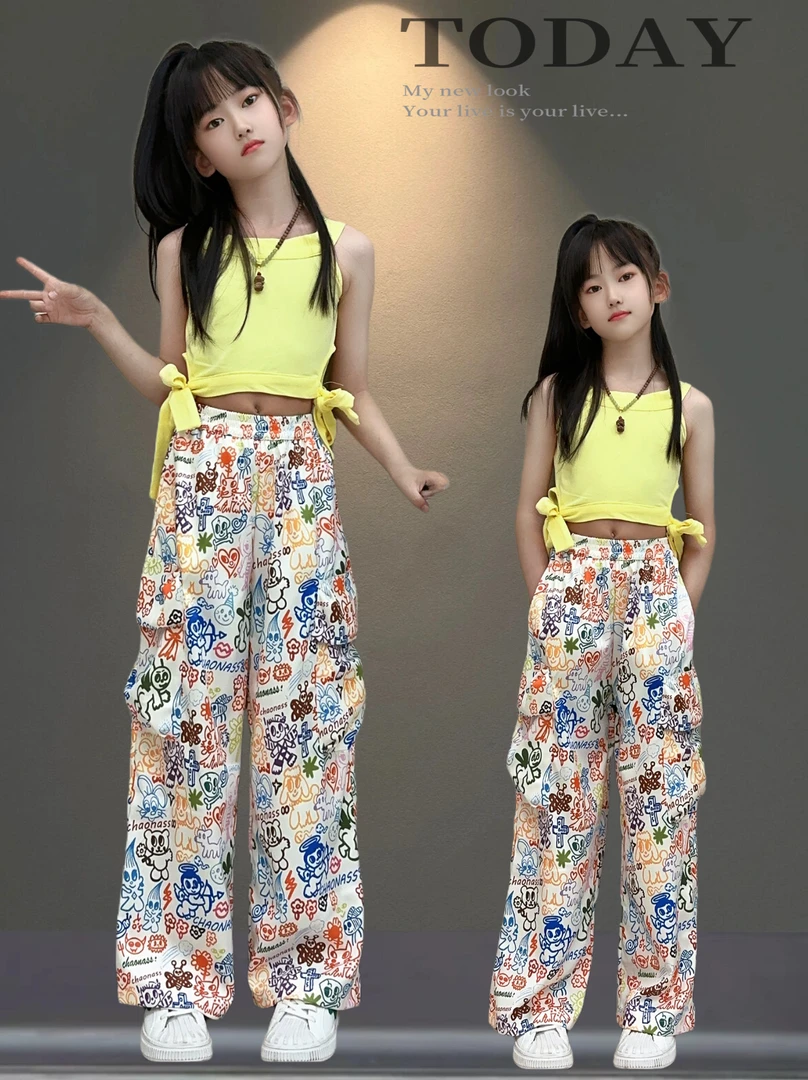 女童2024辣妹黄色针织小吊带背心设计感彩色涂鸦印花宽松阔腿裤子