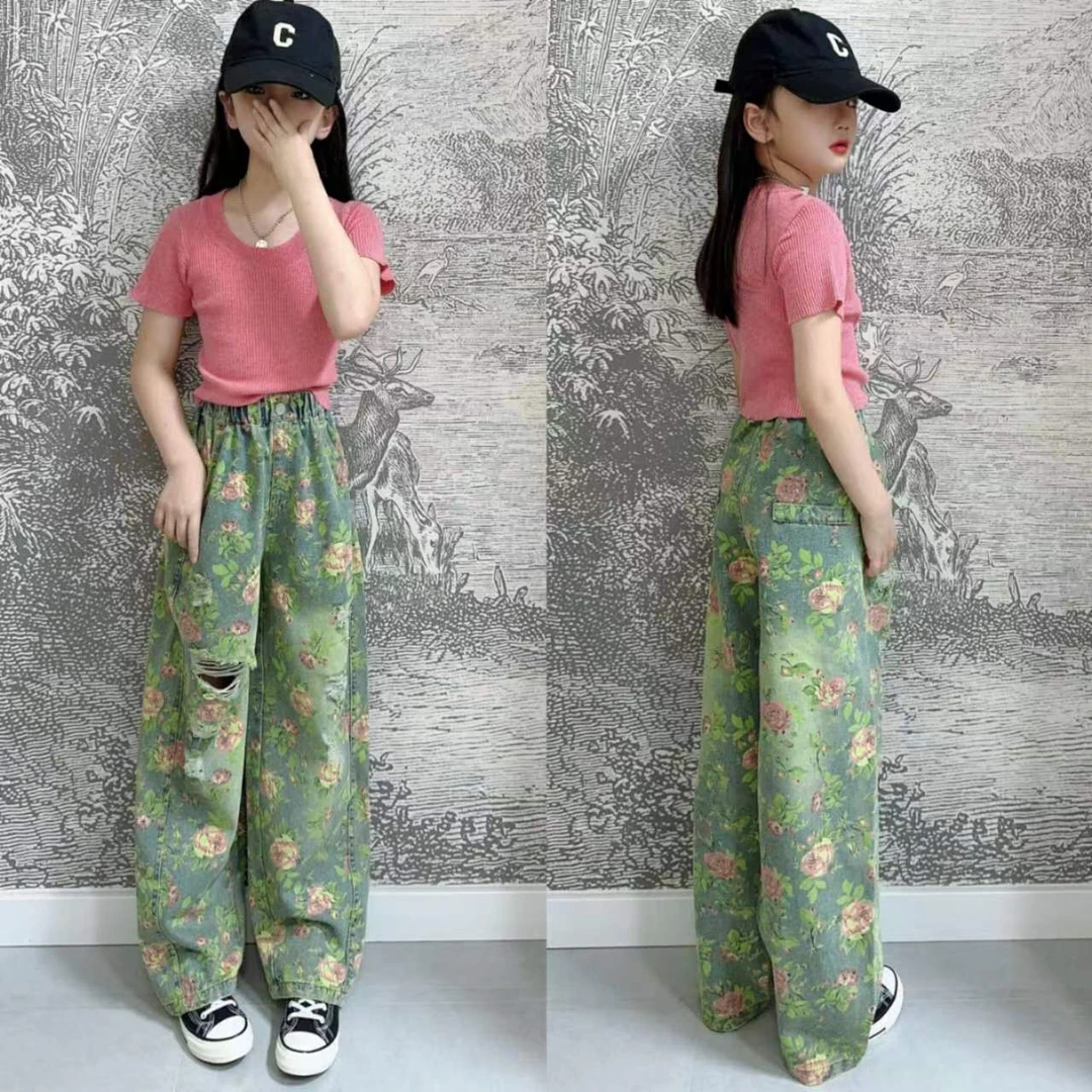 女童套装碎花工装裤2024夏装新款时尚潮流儿童宽松休闲阔腿裤洋气