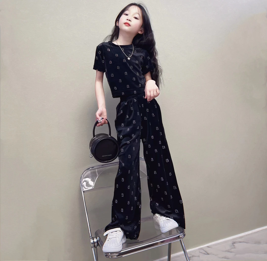 女童烫钻套装短袖夏季薄款2024新款两件套休闲高腰裤子韩版中大童