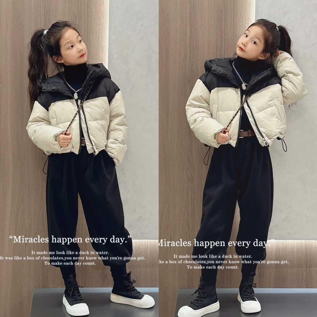 2024冬季女童毛衣+拼色白鸭绒羽绒服外套洋气撞色短款时髦灯笼裤