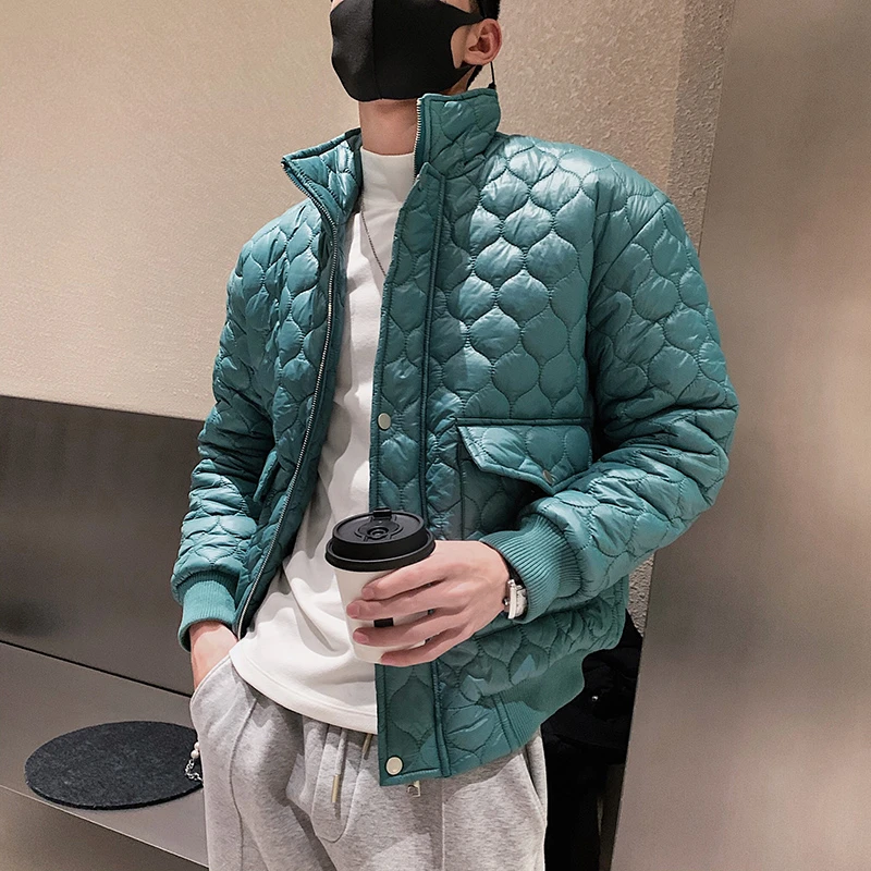 立领棉服男韩版潮流短款菱形格潮牌棉衣外套2022冬季男士轻薄棉袄