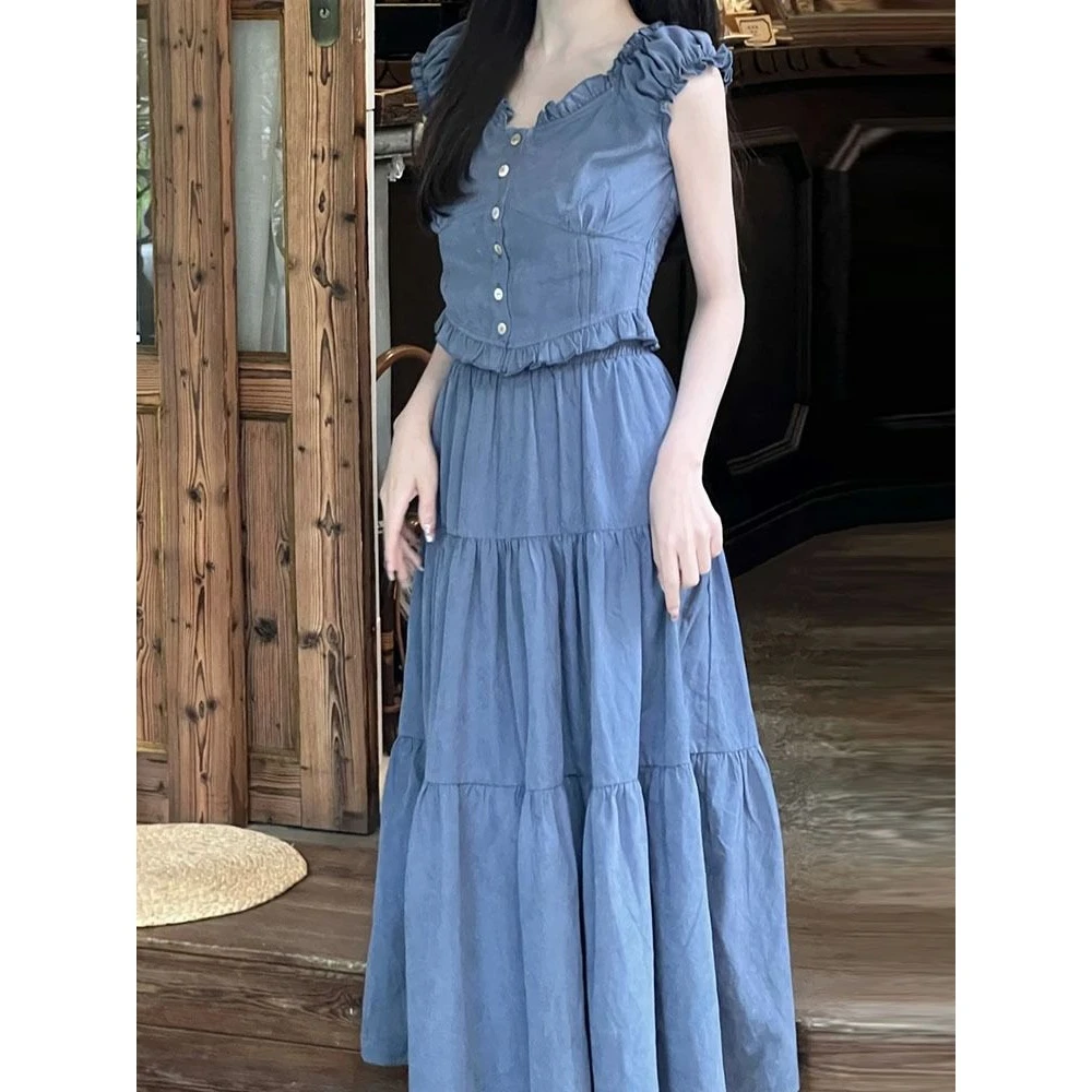 法式小香风2025夏季新款气质名媛高腰垂感荷叶边上衣半身裙两件套