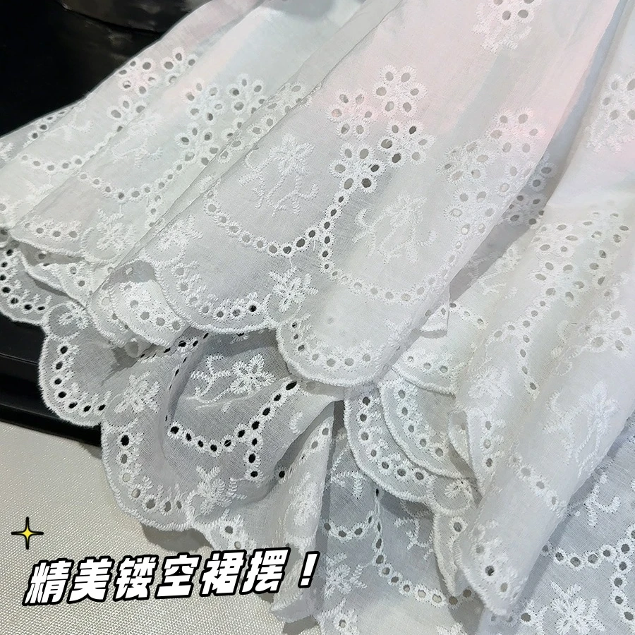 刺绣镂空A字半身裙夏季新款松紧高腰气质中长款纯色棉拼接百搭裙