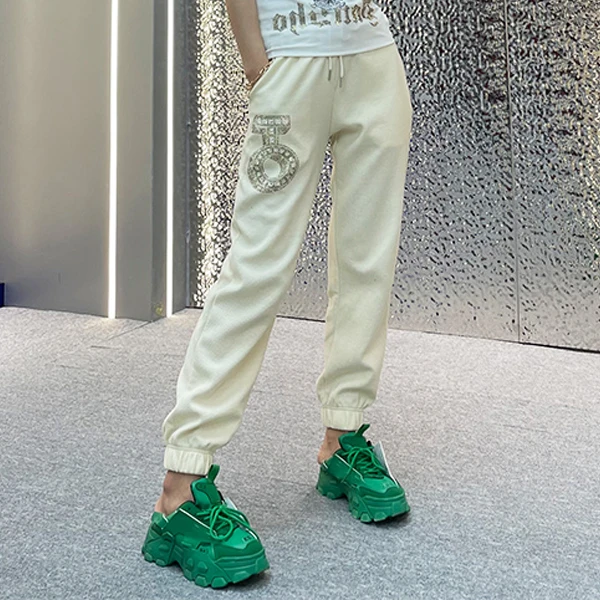 【清仓】烫钻字母休闲裤宽松抽绳束脚运动华夫格时尚百搭裤子
