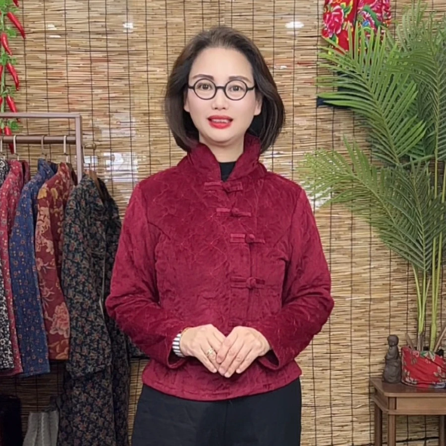 <灯芯绒长袖棉衣>2425灯芯绒面料立领斜襟长袖新中式冬款纯色棉衣