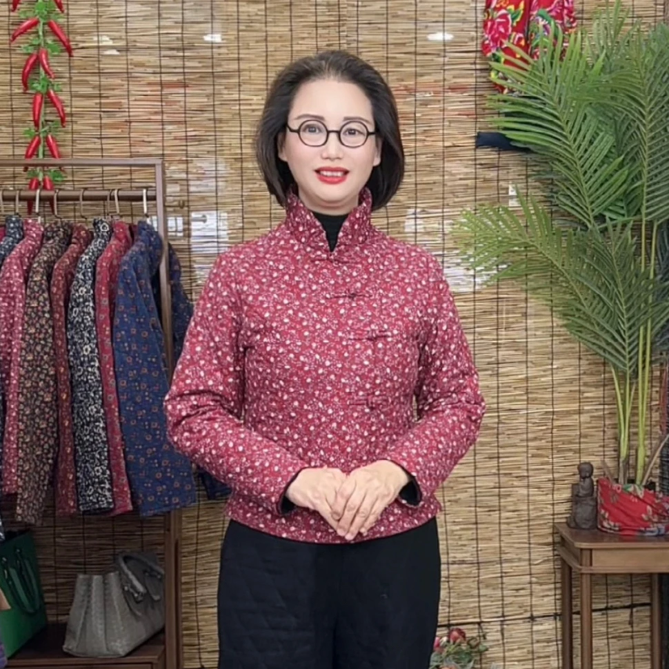 〈花簇〉2159-2髙织精梳棉立领盘扣长袖休闲修身小棉衣优雅妈妈装