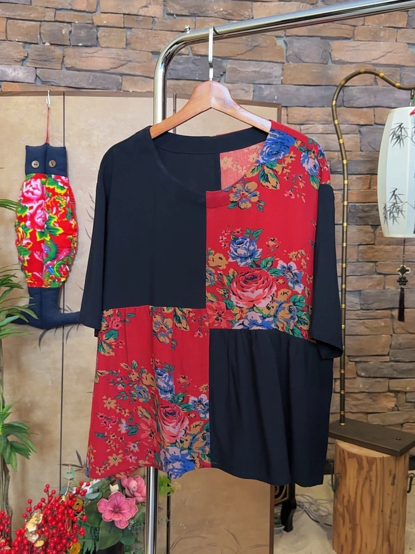 <四方格2469> 复古拼花圆领盘扣中式优雅妈妈装宽松显瘦大码短袖