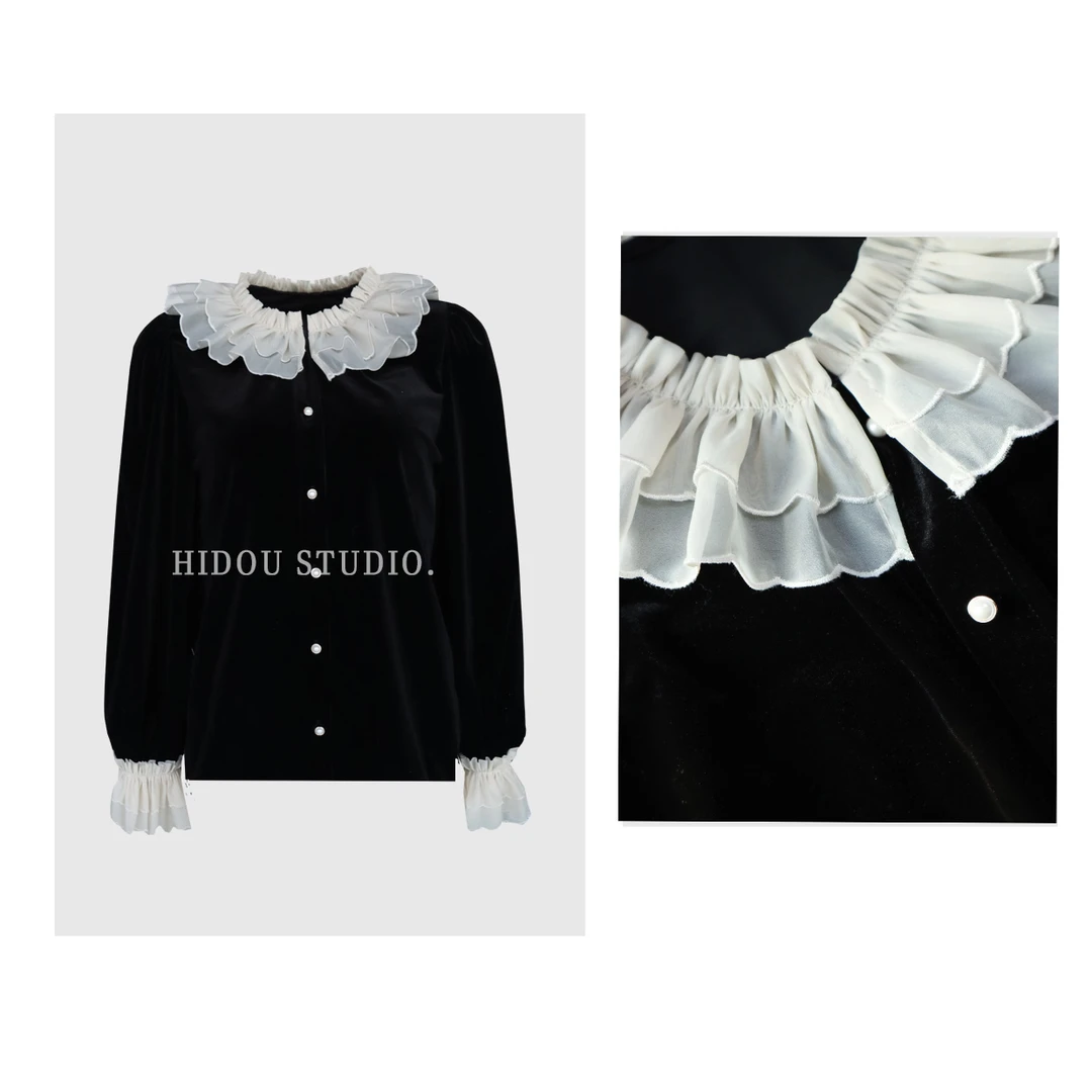 【痘痘私服】|【怦然心动】复古金丝绒花边领衬衫