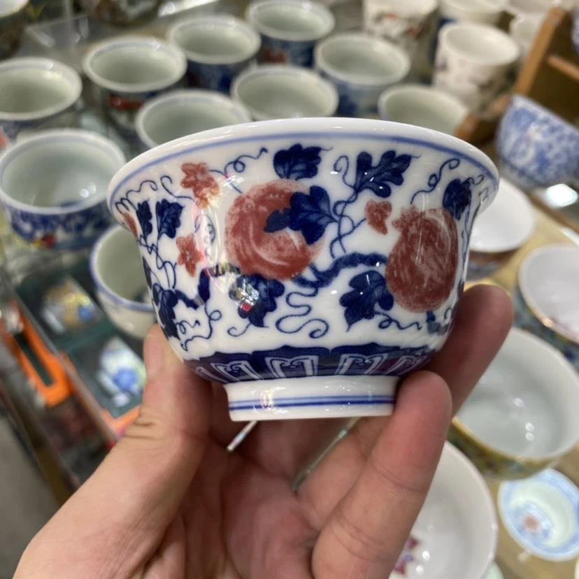 景德镇青花釉里红主人杯单杯陶瓷茶杯功夫茶具品茗杯缠枝莲压手杯