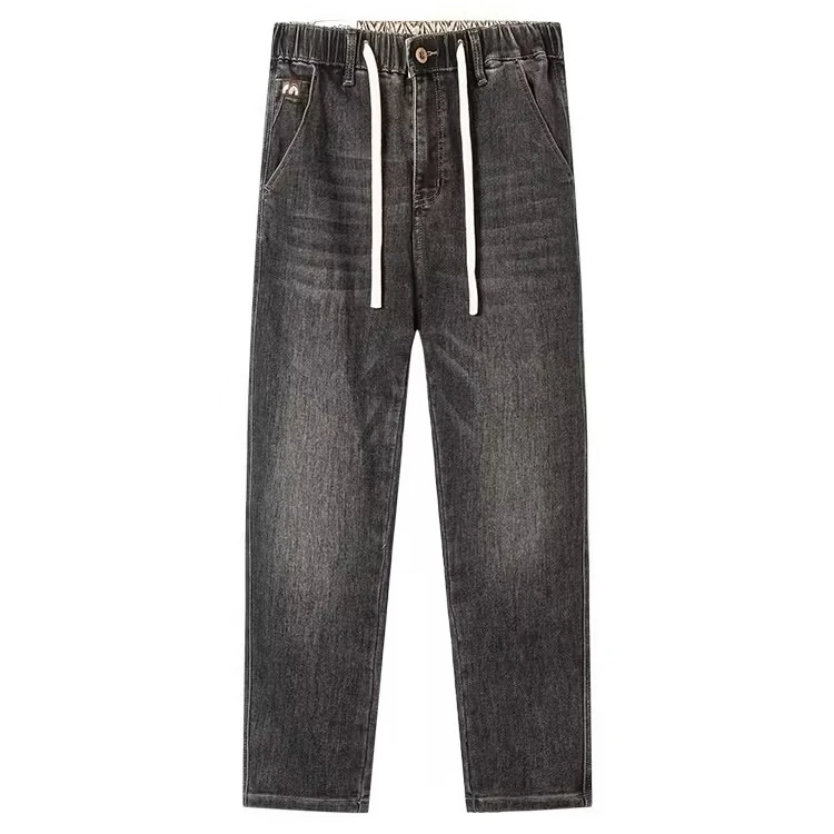 快鱼冬季男款松紧腰牛仔裤弹力宽松锥形裤14N1139