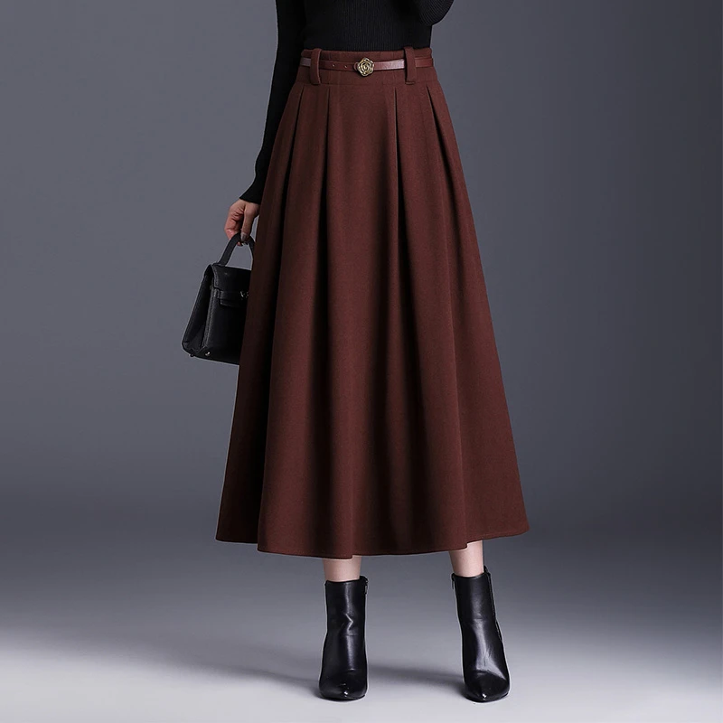 安可拉红高端精致半身裙冬季长裙及踝毛呢百褶裙时尚气质大摆裙女