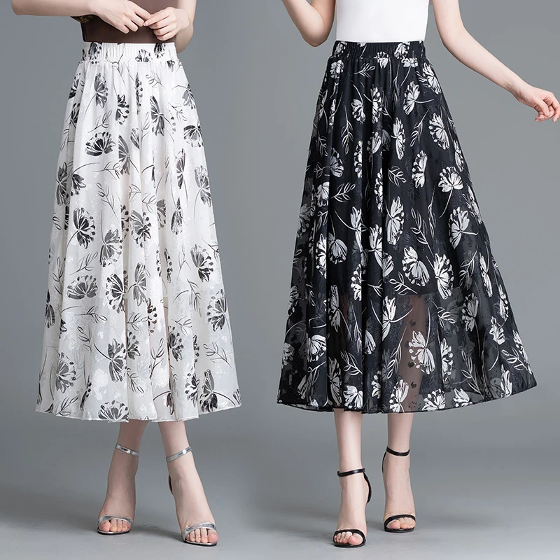 印花雪纺长裙到脚踝半身裙夏季a字大摆裙女法式复古碎花百褶裙夏