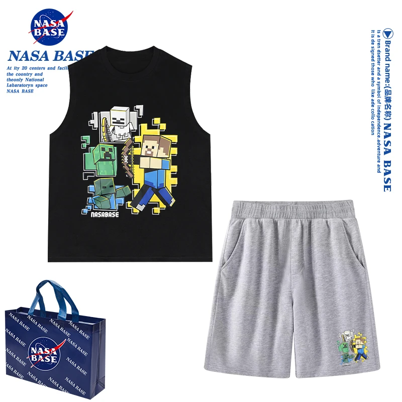 NASA BASE我的世界男童t恤背心2024新款夏季男孩纯棉上衣儿童套装
