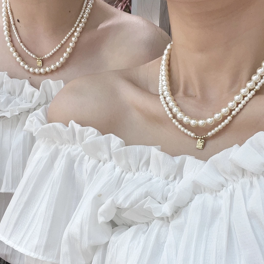 主播同款LUCK优雅小米珠项链4mm吊坠叠戴8mm素版贝珠珠项链（2件）