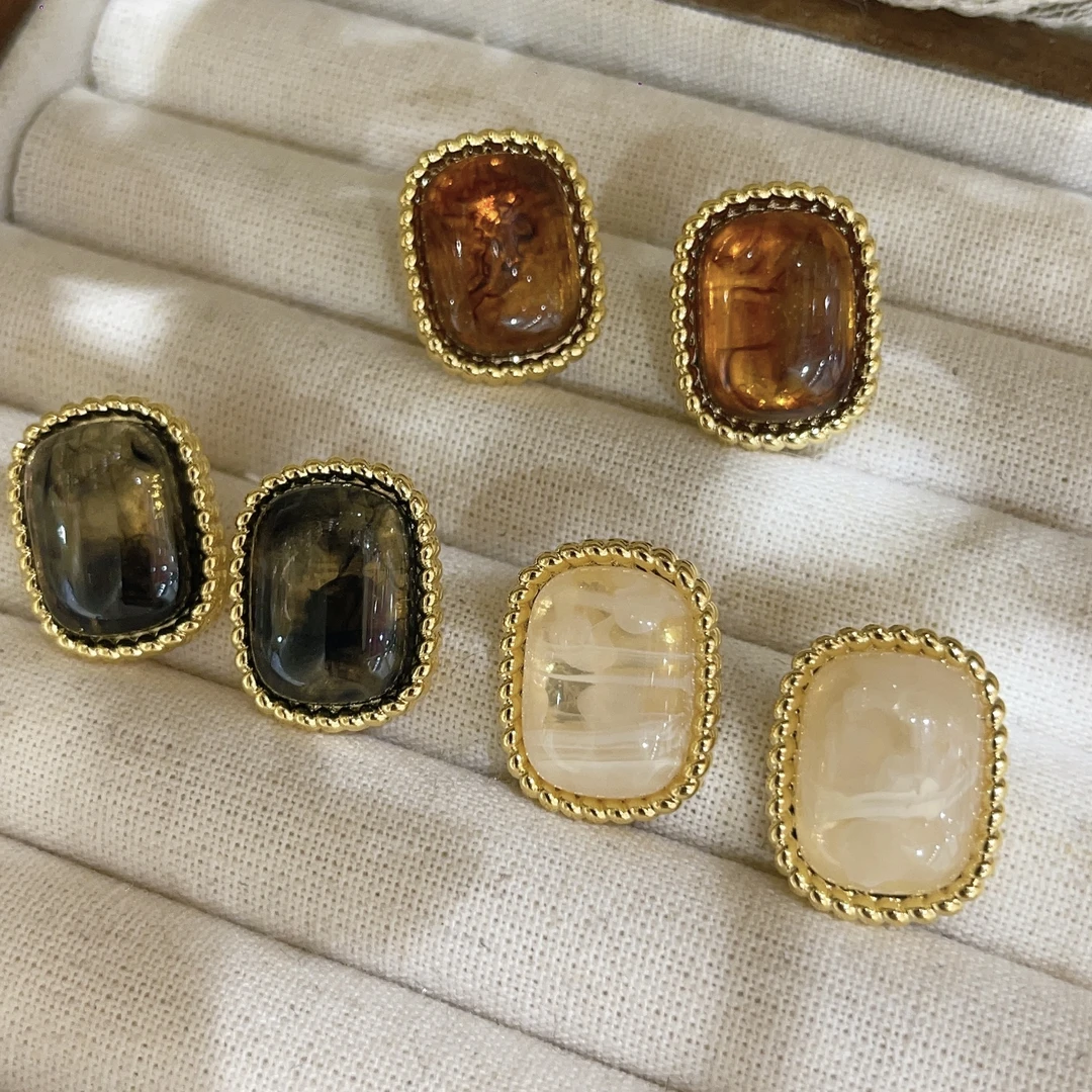 铜合金耳饰 洛 方形耳钉美拉德冰透系列