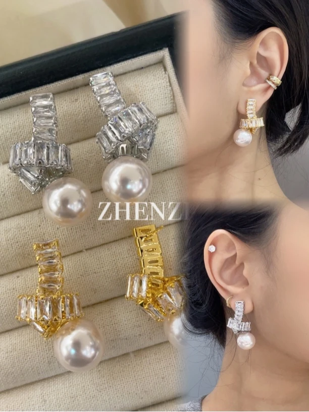 铜合金锆石耳饰 （打结爆闪珠珠耳钉）气质轻奢时尚小香风复古法式