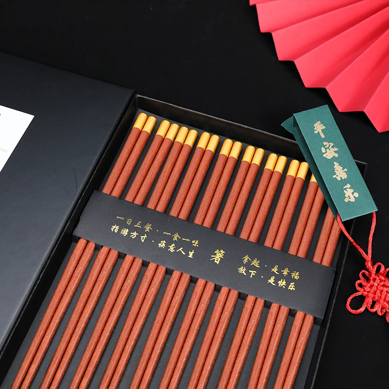 【小木仙】新年中式高档礼盒10双红檀木防滑圆顶福筷节日礼盒装DR