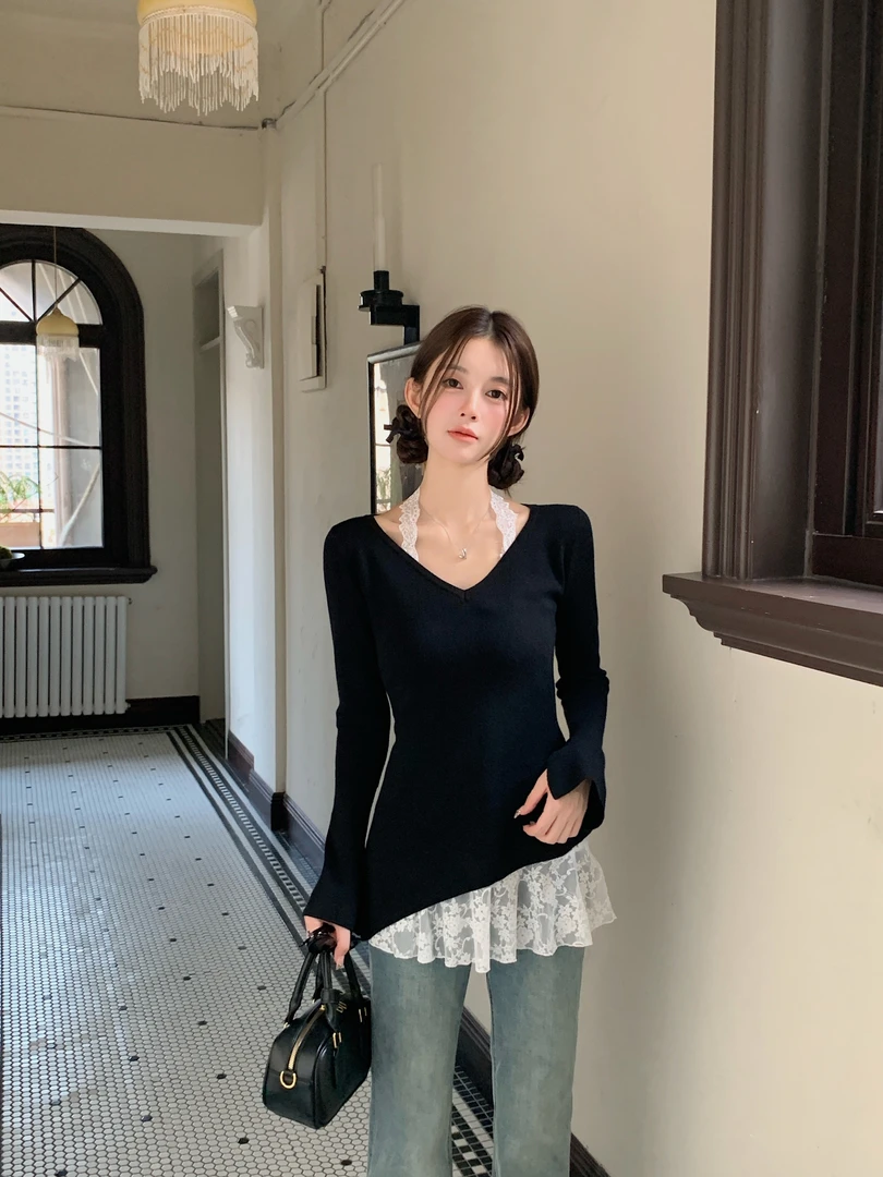 BETMASS新款慵懒风花边蕾丝挂脖V领不规则黑色针织衫毛衣女真两件