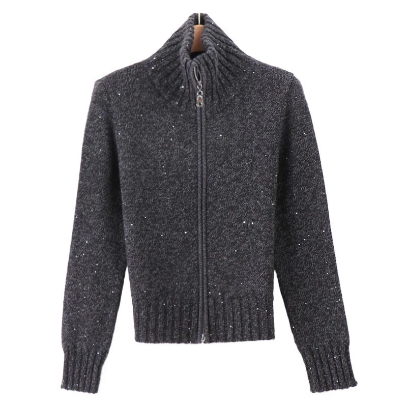 03亮片毛衣外套女士秋冬慵懒风休闲显瘦双拉链针织开衫外穿上衣
