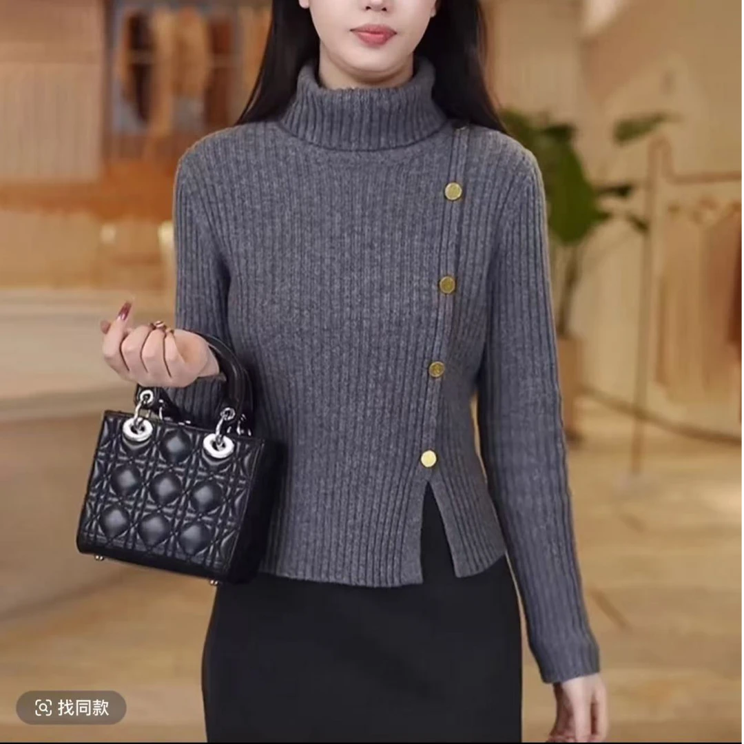 主播推荐J1超好看灰色针织衫女纯色高领开叉精致上衣小众设计感