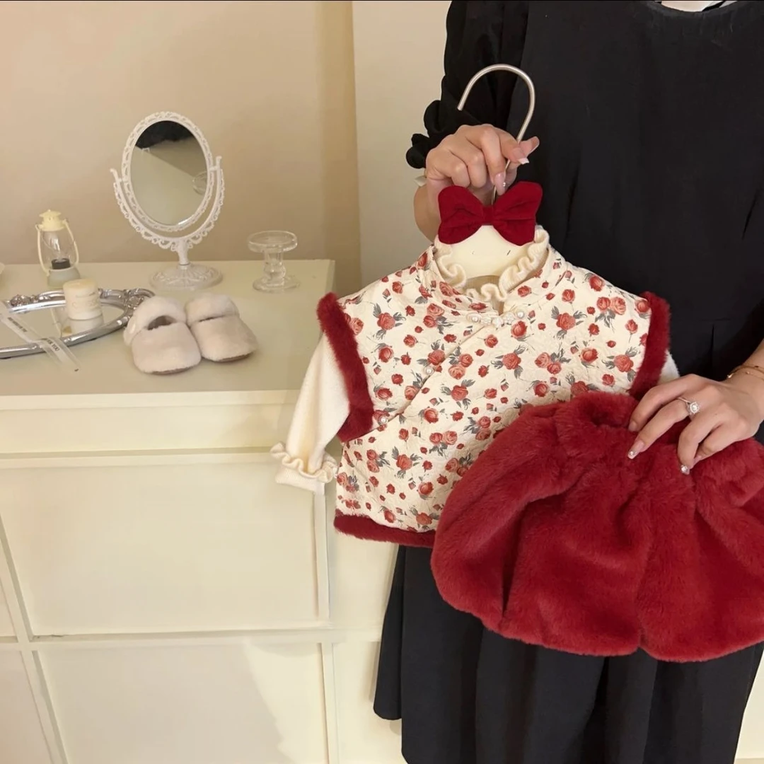 童装儿童碎花套装女童国风红色加绒加厚拜年服复古洋气马甲中国风