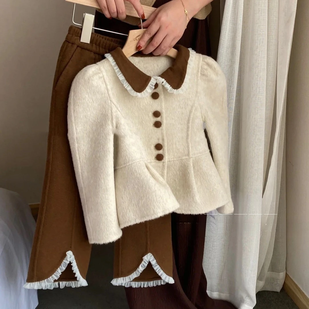 童装女童毛呢套装冬装洋气儿童外套喇叭裤女宝宝时髦小香风两气质