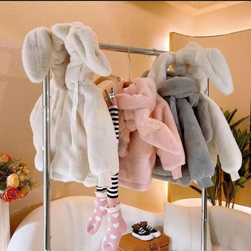秋冬款儿童棉服男女宝宝加厚毛毛衣中小童保暖外套兔耳朵连帽时尚
