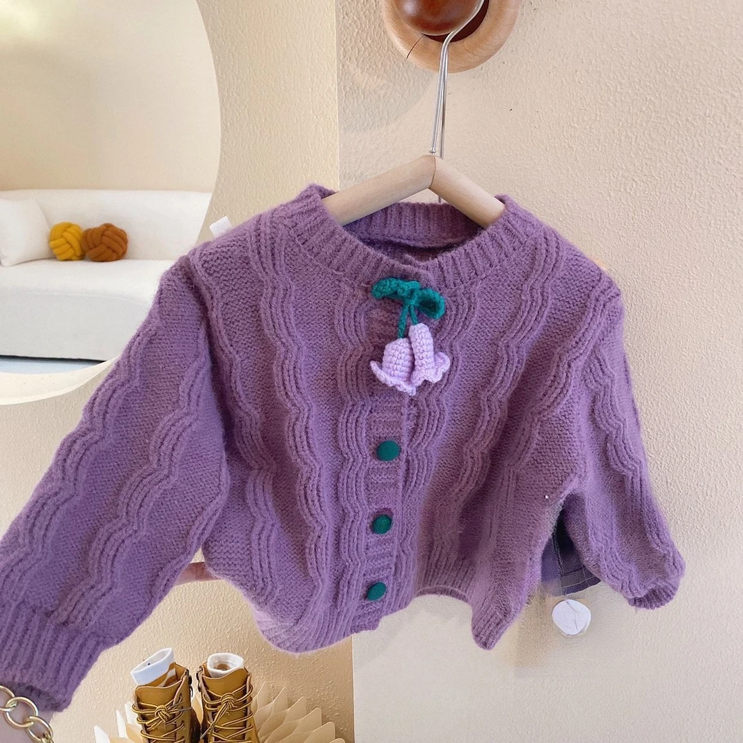 韩版童装2022秋季新款女童洋气长袖紫色针织开衫上衣儿童毛衣外套