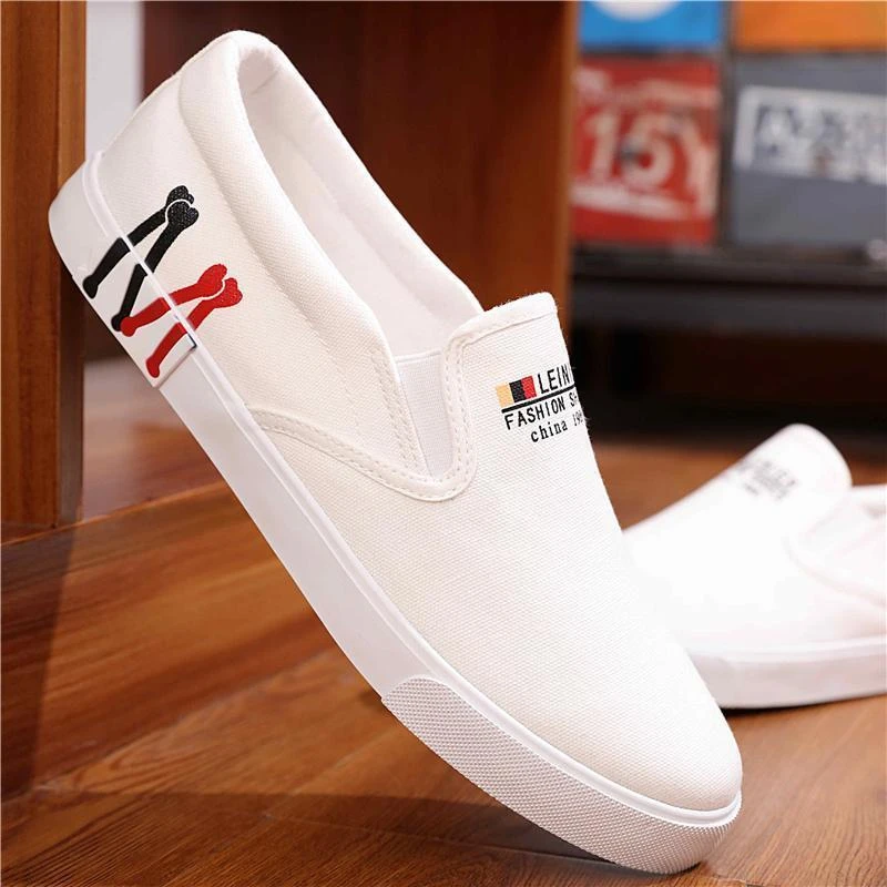 白色平底老北京布鞋休闲小白鞋大码帆布鞋百塔一脚蹬懒人男鞋透气