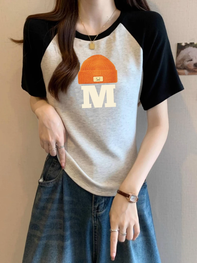 圆领百搭洋气夏季短袖T恤女2024印花正肩新款拼接插肩袖修身上衣