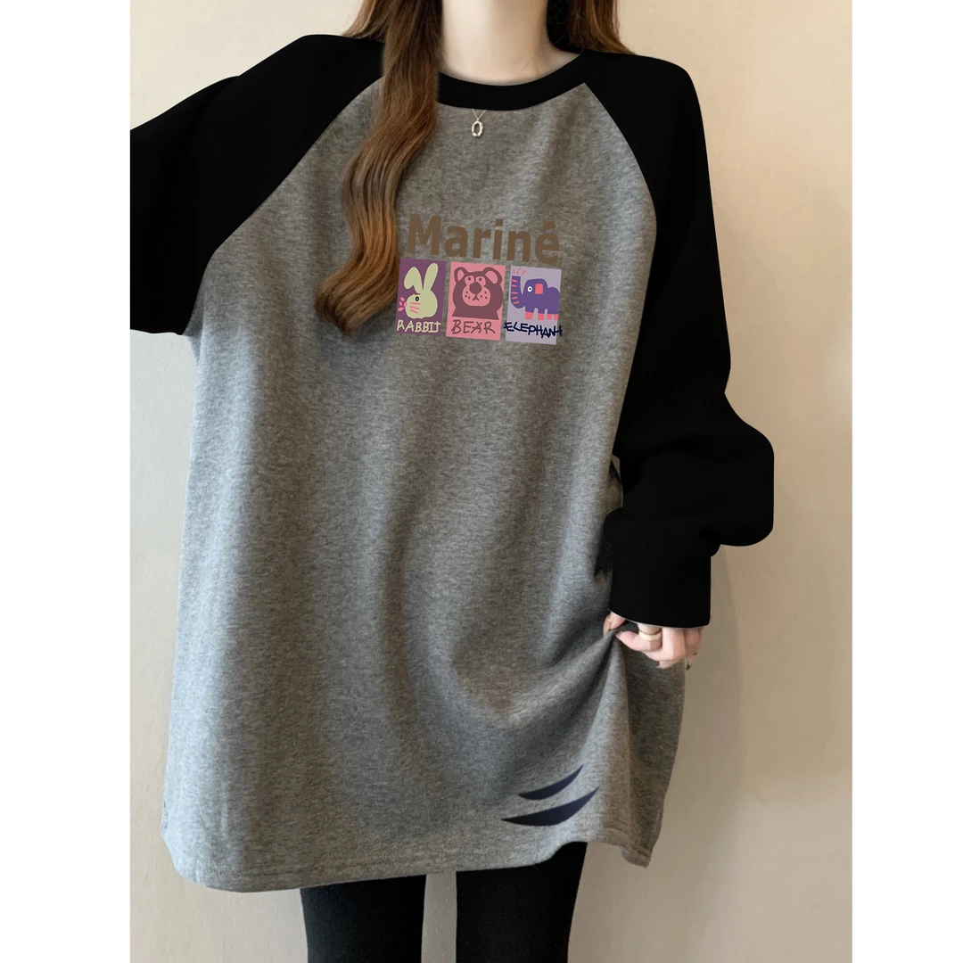 春秋冬宽松欧货磨毛绒遮屁股上衣中长款t恤女装加厚拼色圆领印花