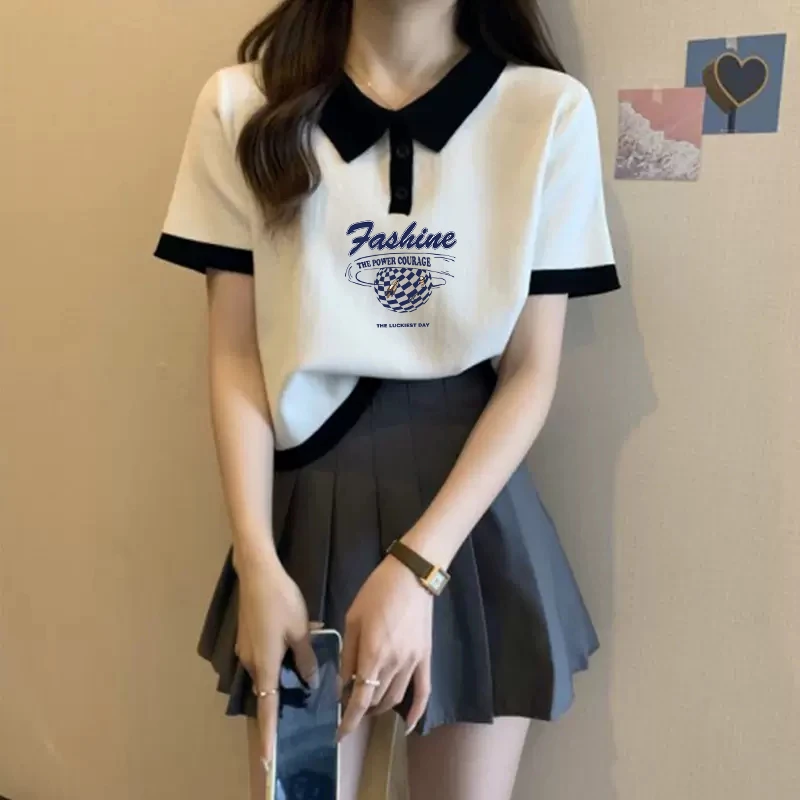 短袖t恤女纯棉欧货2023夏季polo衫印花减龄设计感短款宽松女上衣