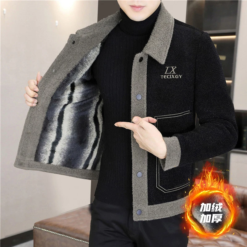 男士2025秋冬季新款拼色刺绣毛呢夹克帅气加厚休闲百搭保暖外套男