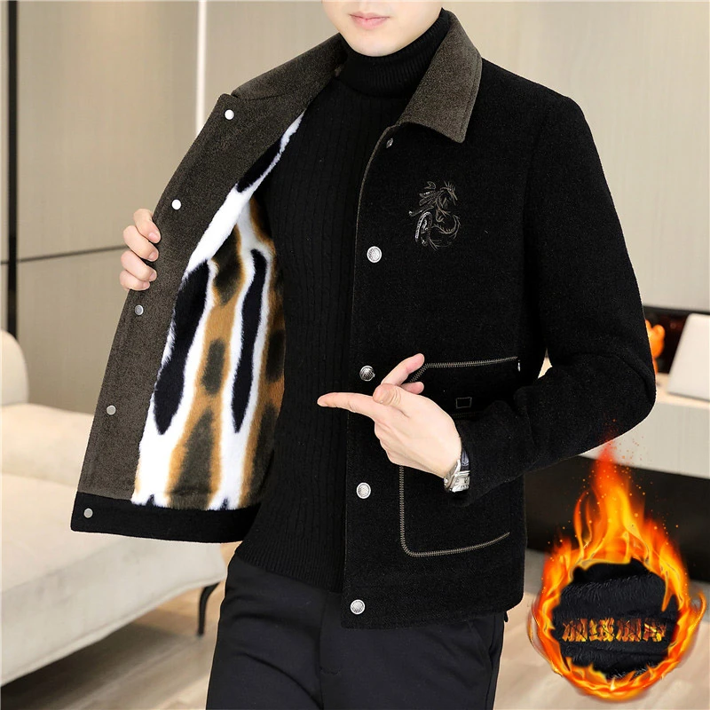男士秋冬季翻领刺绣亮片毛呢夹克加绒加厚休闲时尚百搭保暖外套男