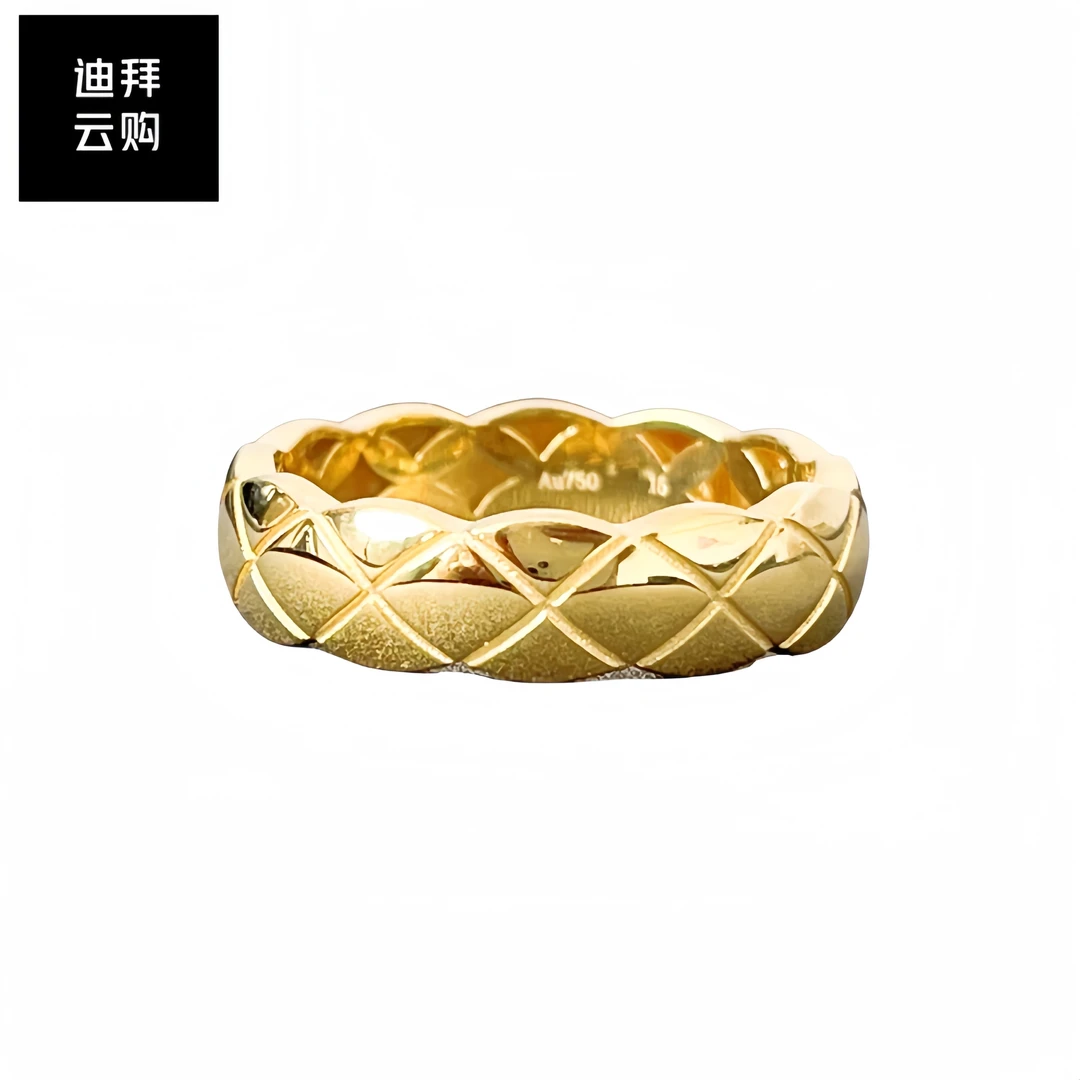 迪拜云购18K金菱格戒指轻奢简约经典素款指环个性时尚光面对戒