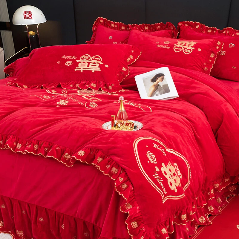 秋冬新款宝宝绒婚庆绣花四件套红色毛绒床单被套中式风结婚陪嫁女