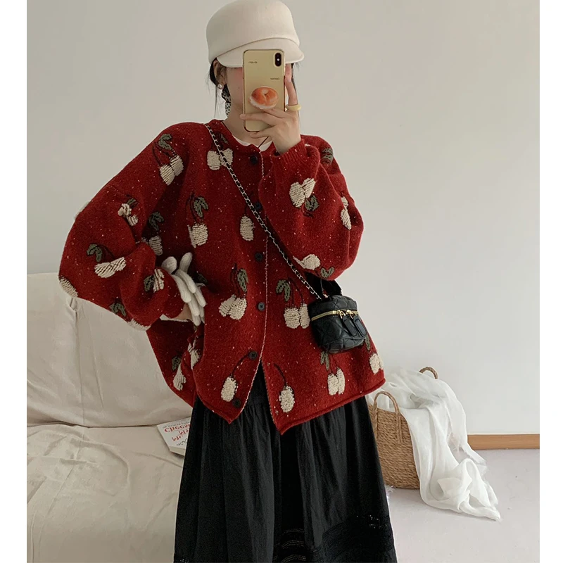 孕妇秋冬新款慵懒风高级感樱桃提花针织开衫韩版小众毛衣DY978