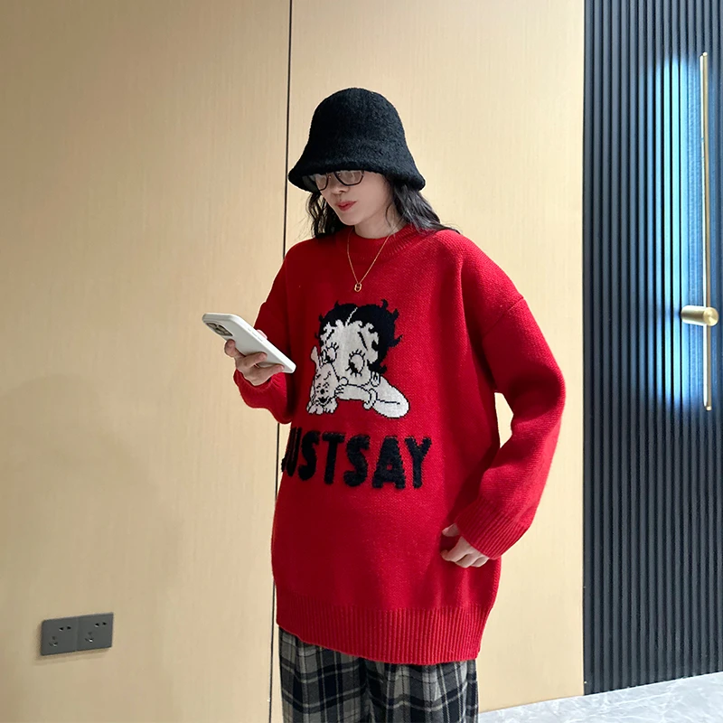 孕妇秋冬红色针织毛衣加厚保暖慵懒风卡通米奇韩版打底上衣DY967