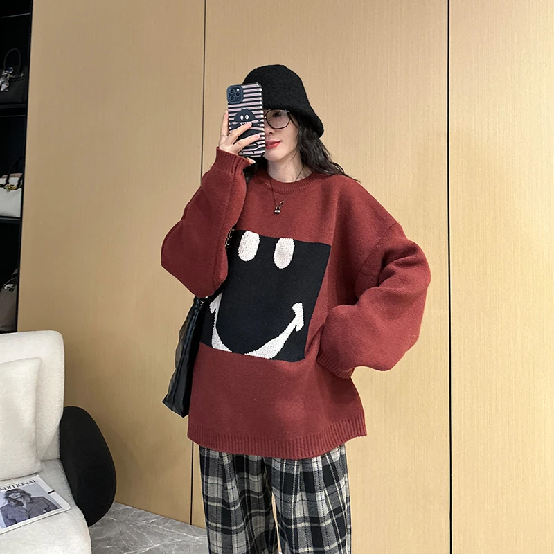 韩版方块笑脸刺绣圆领孕妇套头毛衣加厚外穿慵懒风针织上衣DY913