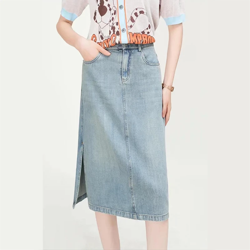 【莱赛尔棉】夏季复古蓝优雅侧时尚开叉百搭休闲高腰牛仔半身裙6622