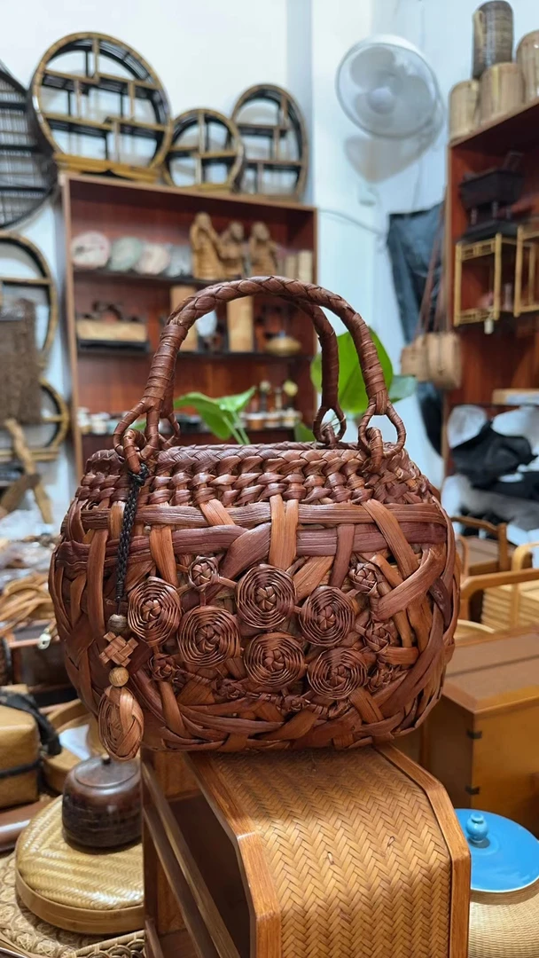 胡老师同款阅竹堂非遗菊萄藤圆形中号双面玫瑰花藤编包包蘑菇包