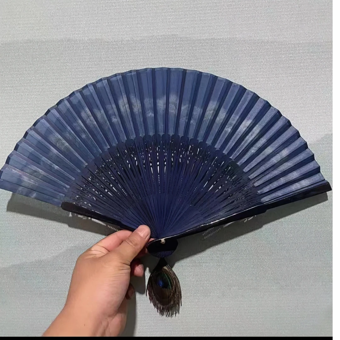 全竹青女士花扇，纯手工制作，外贸出口，孔雀毛，牡丹等